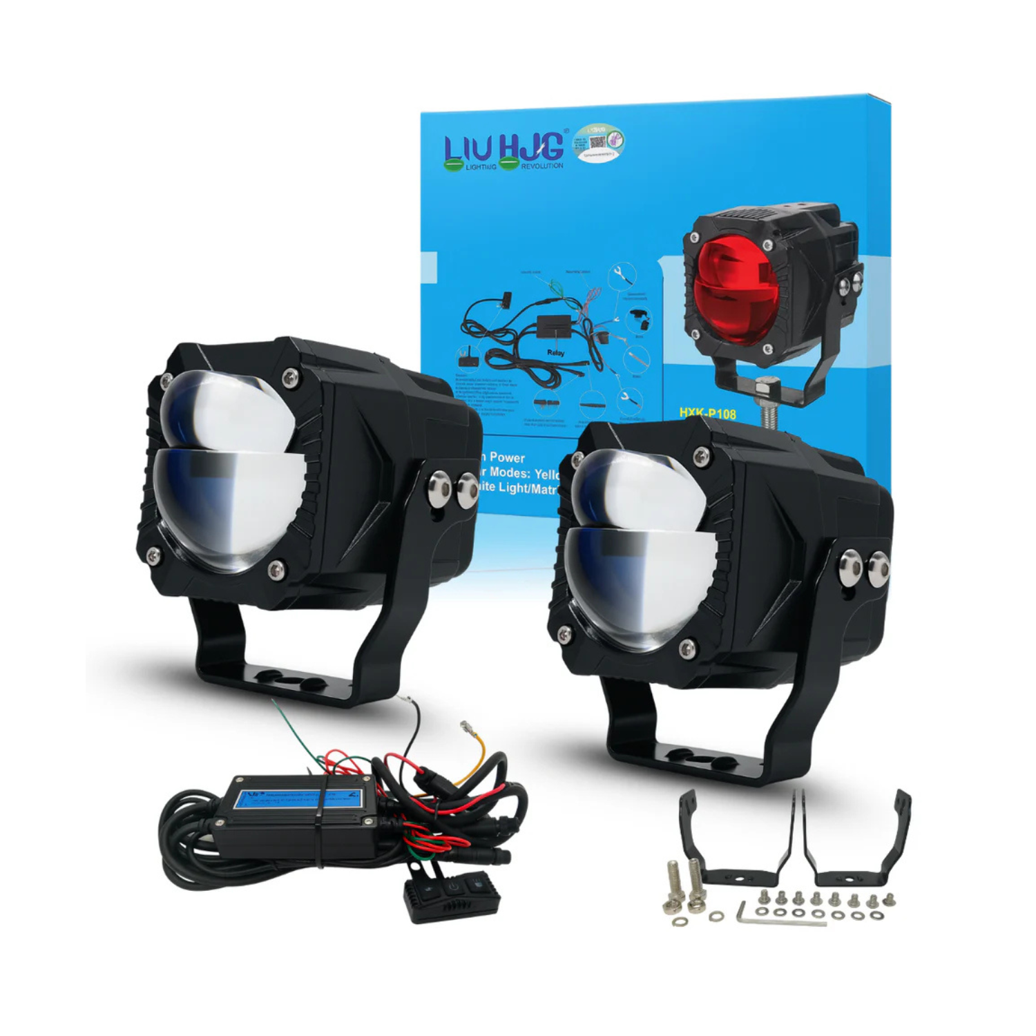 liu hjg wiring harness 3 lens goriila fog light LIU HJG Bi-LED projector fog light with white beam, yellow beam, matrix mode and red devil eye for motorcycles and cars